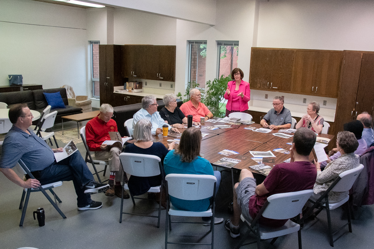 September 22, 2019:  Learning is for all ages. Sandy Hanna leads a class on the Israeli and Palestinian issues in the Middle East today.