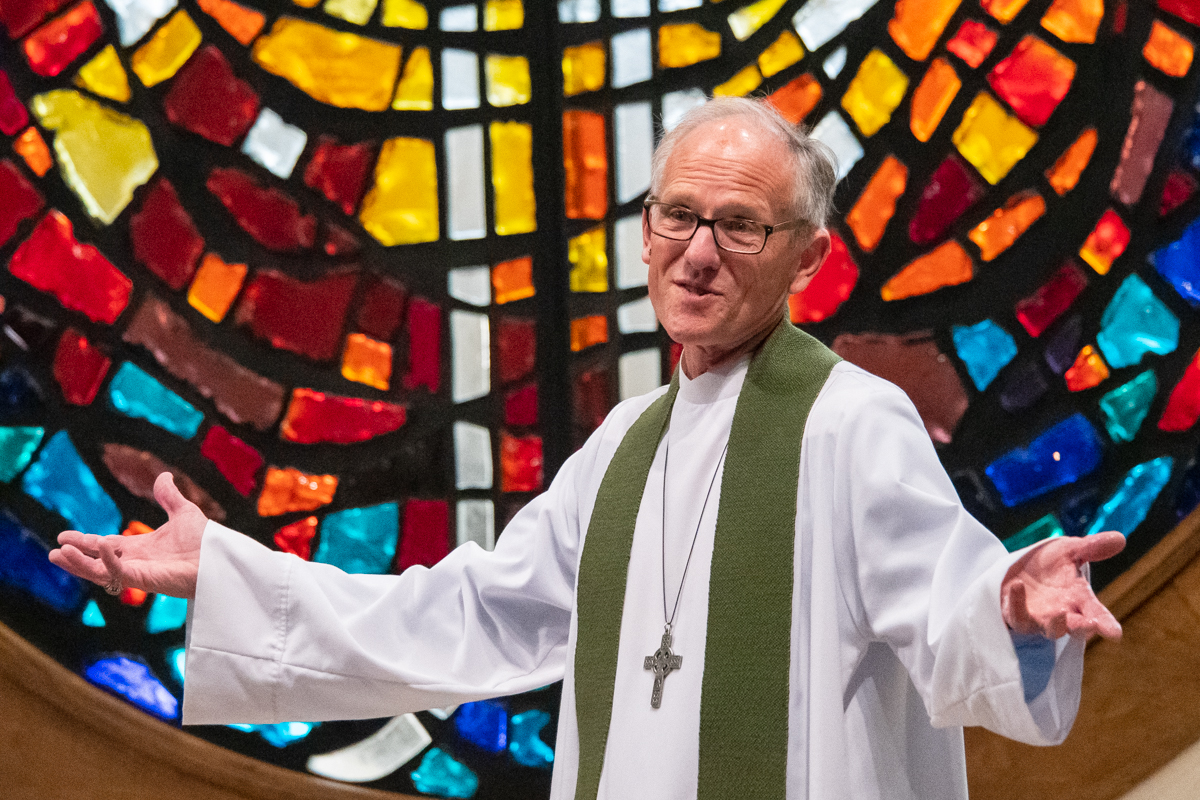 October 13, 2019: Leading Sunday service, Pastor Bob Keefer assures the congregation that their sins are forgiven through Christ.
