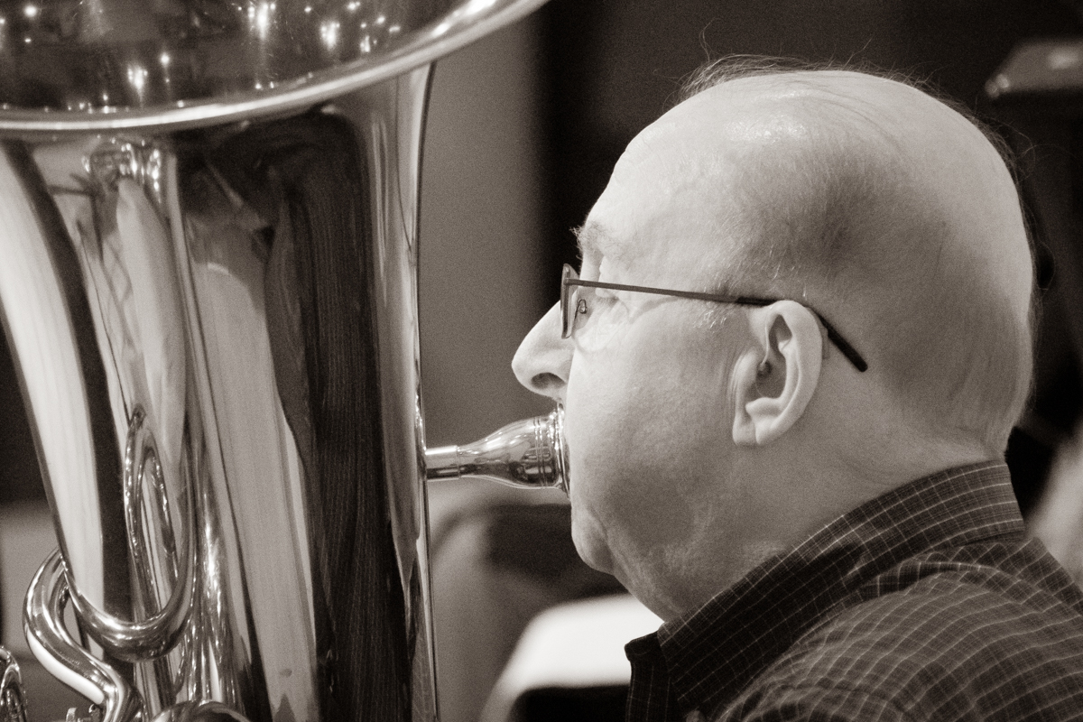 November 3, 2019:  Playing for Sunday Worship service, Bob Mehaffey plays his tuba as part of the Master Brass Ensemble.
