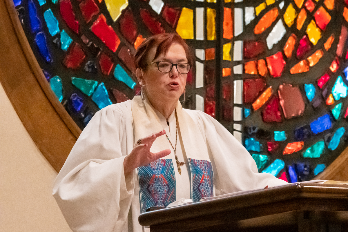 May 26, 2019:  Pastor and Parish Associate Cindy Harvey preaches her sermon during a Sunday Worship service.