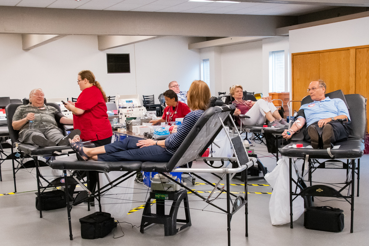 August 11, 2019:  Twice a year the Fellowship Hall becomes a collection site for the American Red Cross with members donating the gift of life.