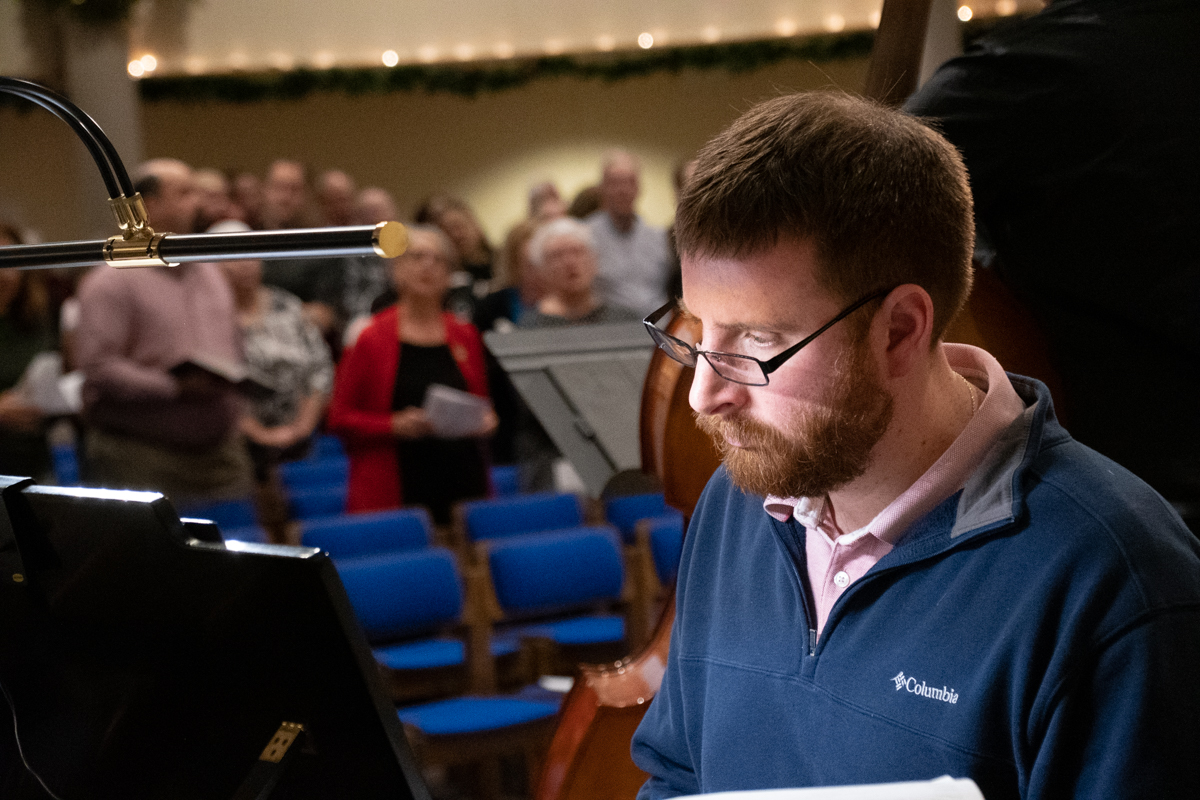 December 24, 2018:  Director of Music Chris Krampe leads the music for Christmas Eve Jazz service from the piano.