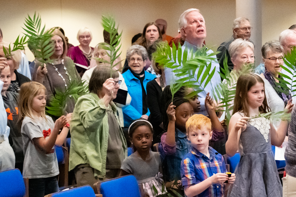 April 14, 2019:  Palm Sunday begins with the traditional procession of palms waving through the congregation. 