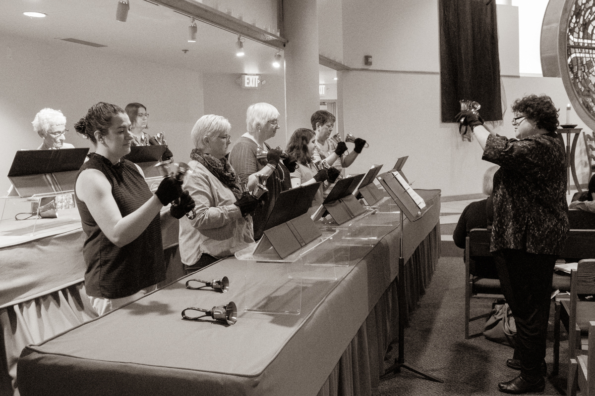April 14, 2019:  Let the music ring forth! The Church of the Master Bell Choir provides music for the Palm Sunday service. 